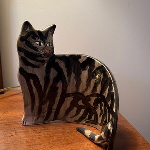 Striped Ceramic Cat Figurine - Black and Gray